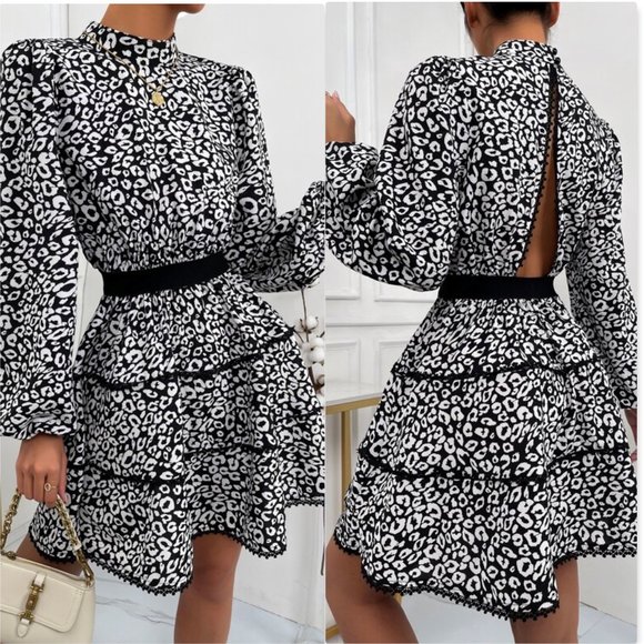 MODA ME COUTURE Dresses & Skirts - Leopard Print Keyhole Back Guipure Lace Trim Layer